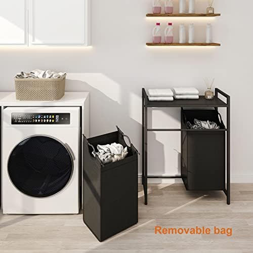 Laatooree Double Laundry Tester com prateleira superior, cesta de lavanderia alta de duas cores com 2 sacos de classificação removíveis, cesto de roupas para lavanderia, quarto