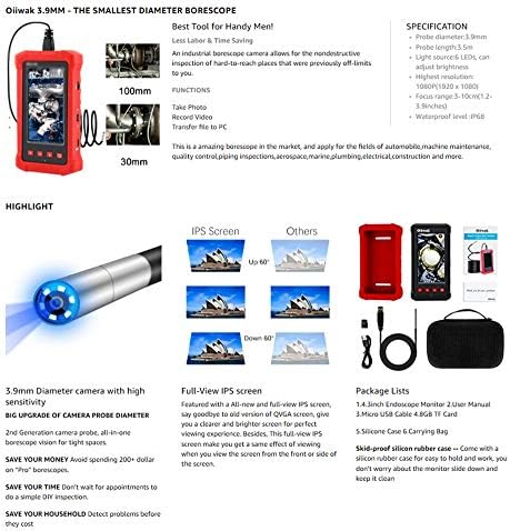 Câmera de inspeção de borrescope de 3,9 mm de 3,9 mm com luz de 1080p de 1080p de 4,3 polegadas de tela digital IP68 endoscópio industrial