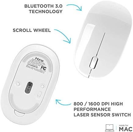 Ihome Bluetooth Mac Mouse com roda de rolagem, 3-butões, 1600 dpi, laptops e computadores, esbelto e compacto, uso direito ou esquerdo, branco