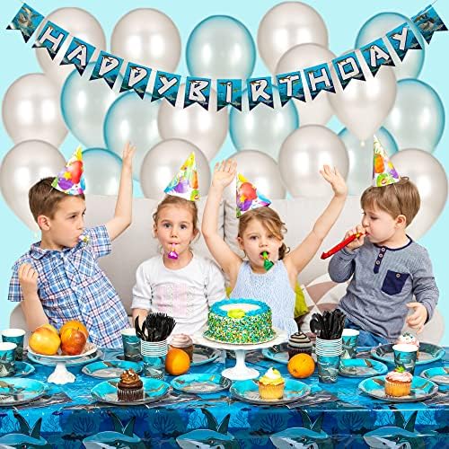 197 Piece Shark Party Supplies, incluindo banner, pratos, xícaras, guardanapos, talheres, balões e toalha de mesa, serve 25