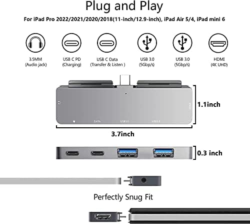 iPad Pro USB C Hub, adaptador 6 em 1 para iPad Pro 2021 iPad Air 5 Docking Station com 4K HDMI, entrega de energia 60W, 2 USB 3.0 e 3,5 mm de fone de ouvido, para MacBook Air, MacBook Pro, XPS e mais