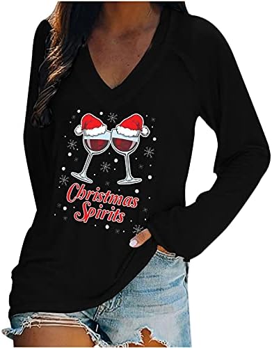 Christmas V Neck T-shirts for Women Letter Graphics Pullover impresso Casual Tops de blusa de manga longa confortável