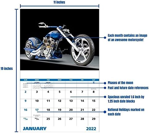Calendários frios motocicletas 2022 Calendário de parede suspensa - 19 x 11 polegadas 2022 Planejador de compromissos mensais e organizador. Bicicletas e motocicletas incríveis dos principais fabricantes de ciclistas do mundo.