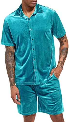 LECGEE MEN SMUM SMERMO CASual conjuntos de veludo de manga curta para baixo camisa de camisa de cintura elástica 2 peças roupas de