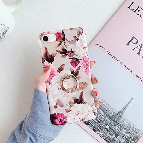 Ikasefu compatível com iphone 7/8/se 2020 portador de caixa kickstand flor rosa floral floral colorido pintado slim protetor à prova de choque de choques de silicone macio capa de capa