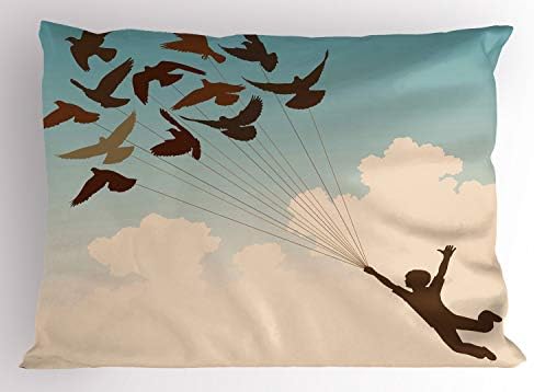 Ambesonne Birds Pillow Sham, silhueta de garoto carregado por pombos voadores inspiração siga seus sonhos impressão em casa,