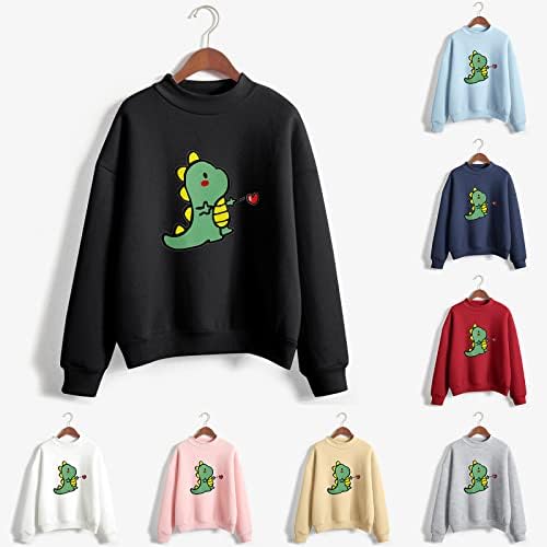 Dinosaur Heart Graphic Pullover Sweetshirts for Women Valentine Túps de túnica impressa de túnica longa Camiseta de manga longa