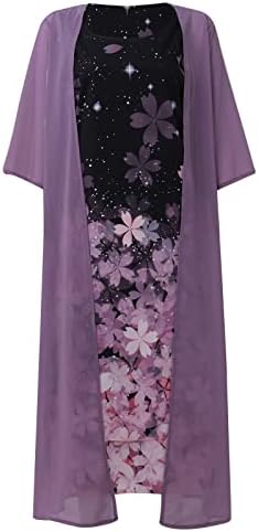 Vestido maxi de roupas femininas estampas florais de bainha fluida de bainha sem mangas com jaqueta longa de 2 peças Conjunto