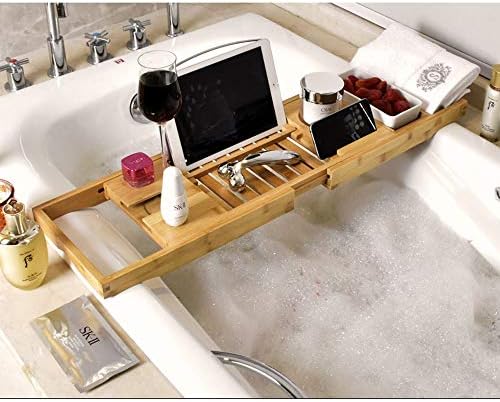 Bamboo Bath Bridge Rack Caddy prateleira extensível bandeja de banheira com slots de telefone para tablet, caneca de velas/porta -copo, organizador de banheiro J1124, PIBM