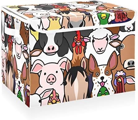 Os animais de fazenda Cataku enfrenta caixas de armazenamento com tampas de tecido de grande recipiente de armazenamento cesta de cubos com alça de caixa decorativa para organizar as prateleiras de roupas