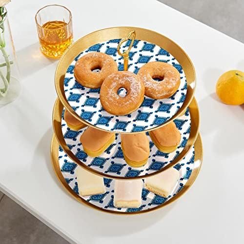 3 Placa de fruta de cupcakes de 3 camadas de sobremesa Plástico para servir suporte de exibição para casamento de aniversário Decorações de chá de chá de chá de bebê redondo, azul geométrico