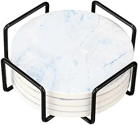 Coasters de bebidas bonitas-conjunto de 4 montanhas-russas de cerâmica absorventes com suporte-base de cortiça para proteção de mesa-padrão de estilo de mármore-mesa de café-fofa e elegante-azul claro