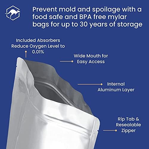 Wallaby 100 Count Mylar Bag Bundle - bolsas de tamanho múltiplo, absorvedores de oxigênio de 100x 400cc, rótulos de 100x - selvagens térmicas, alimentos seguros e sem bpa - armazenamento de alimentos de longo prazo para preppers - prata