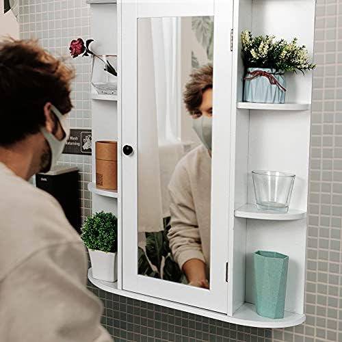 Zenstyle Banheiro espelho montado na parede, armário de parede de banheiro branco de porta única com espelho e prateleiras internas ajustáveis ​​para banheiro, sala de estar