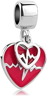 Miifort Red Love Heart Heartbeat Dangler Charm para colares de pulseiras compatíveis com Pandora Charms Bracelets Presente para Mulheres