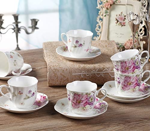 Conjunto de chá Gy 12 PCs - 7 onças novas xícaras de chá de China e pires com padrão de flor de flores rosa para porcelana