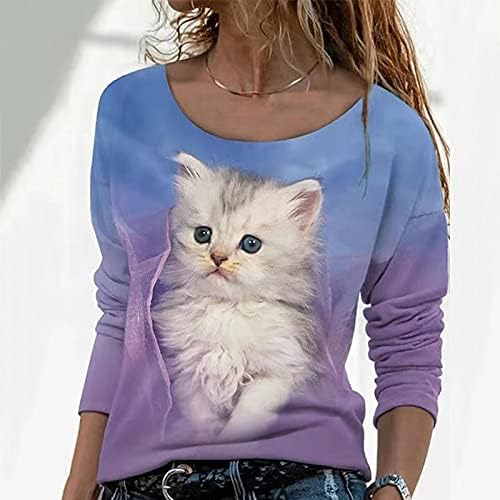 Mulheres fofas gatos estampados gráficos t camisetas de tripulante de pullovers de manga comprida Túnica de túnica