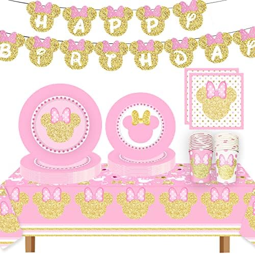 BigKeoki Pink e Gold Minnie Birthday Party Table Ploth Mouse Party Party Tablecover Minne Birthday Party Supplies Decorações 86.6 * 51.2in