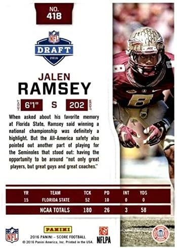 Jalen Ramsey Score Football Series Mint Rookie Card 418, imaginando -o em sua camisa vermelha da Florida State College