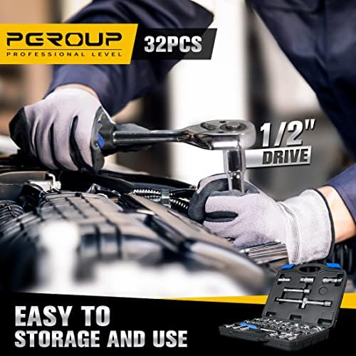 Pgroup 1/2 Drive 8mm-32mm Conjunto de soquetes de impacto, chave de soquete de ferramentas mecânicas de 32 peças,