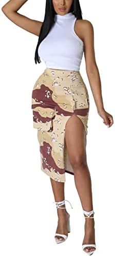 Jsfoiryrou Women Saias longas da cintura alta Slit Camo Flowy Zip Maxi A-line Skirt Casual Studden Ripped Skirt 8805DD