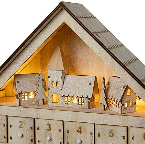Glitzhome artesanal contagem regressiva para o calendário de advento de madeira de madeira com gavetas, luzes LED