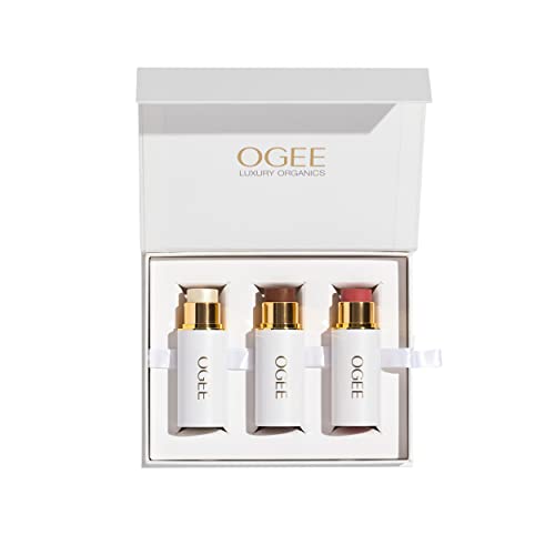 Ogee Face Stick Trio - Coleção de maquiagem de contorno - bronzeador orgânico certificado, stick de blush e bastão