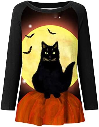 Mulheres Halloween Camise Casual Top Top Trendy Loose Fit Pumpkin Túnica longa camiseta de gato fofo Blusa de treino de pescoço de pescoço