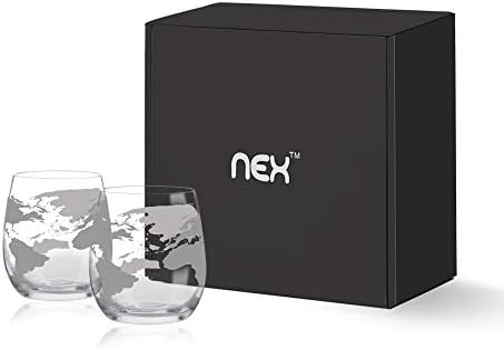 Glasses de uísque Nex Conjunto de 4, óculos antiquados de cristal, copos sem chumbo de 12 onças para beber uísque, bourbon, conhaque, coquetéis irlandeses de uísque, gravado com óculos de mapa do mundo