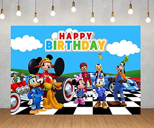 Blue Mickey e The Roadster Racers Backdrop para decorações de festas de aniversário Mickey Banner para suprimentos para festas de chá de bebê 5x3ft