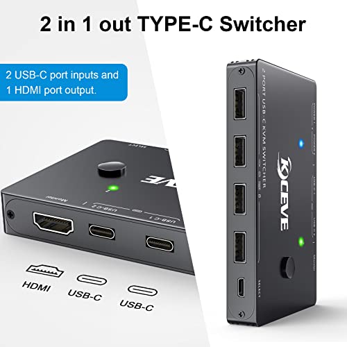 Switch KVM USB tipo C 4K@60Hz, 2 computadores compartilham 1 monitor e 4 dispositivos USB, compatíveis com Thunderbolt 3, com 87 W de fornecimento de energia, suporte HDMI+USB+TIPO-C 3.1 entrada