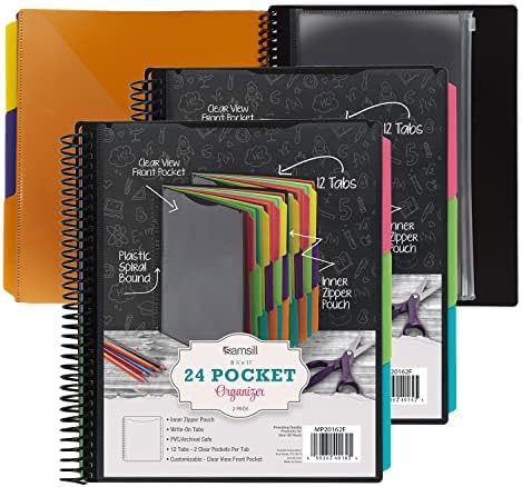 Samsill 2 Pack Deluxe 24 Pocket Spiral Project Organizer com 12 divisores, bolsa de zíper, capa frontal personalizável, escreva