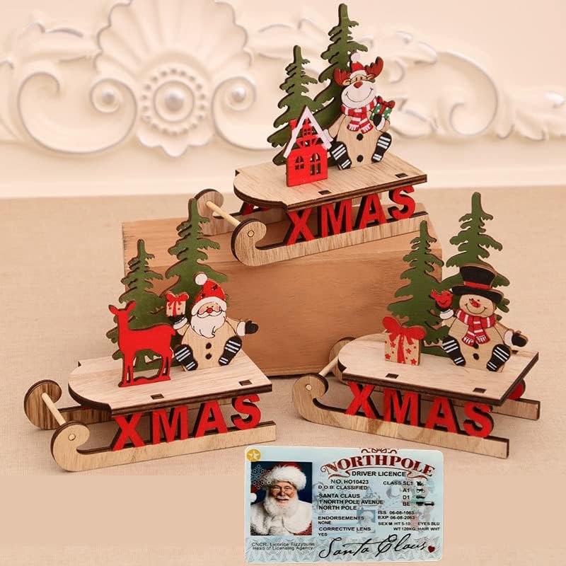 Sleigh de decoração de Natal de 4pcs e carteira de motorista perdida do Papai Noel, decorações de Natal montadas em