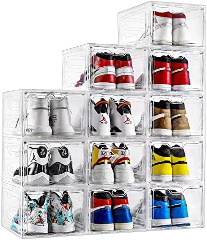 Insty Shoe Boxes, conjunto de 12, caixas de armazenamento de sapatos de plástico transparente empilháveis, caixa de sapatos frontal com tampas, recipientes de organizadores de sapatos para exibição de tênis, ajuste para nós tamanho 12