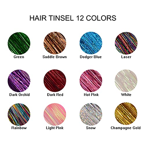 Kit de tinsel de cabelo com ferramentas, extensões de cabelo de garotas de 47 polegadas resistentes ao calor, 2600 fios de fada fada kit Sparkle Sparkle Shiny Hair Tinsel Gift for Women Girls, multicolor