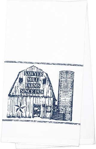 VHC Brands Sawyer Mill Barn Barn Graphic/Print Muslin Farmhouse Farmhouse Tabletop Fabric Loop Toalha de cozinha estampada, Jeans de