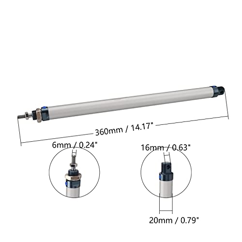 Cilindro de ar da haste do pistão de Aicosineg 16 mm/0,63 polegadas Bore 250mm/9,84 polegadas Ação dupla de acaso de Ação Doubla