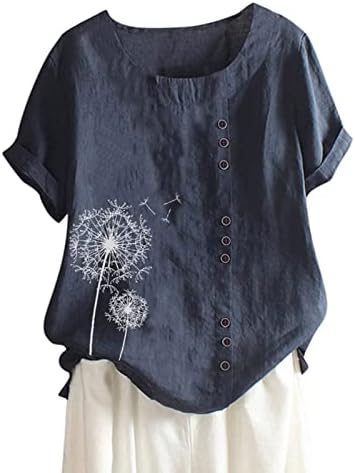 Tops de linho de algodão para mulheres Trendy Print Casual Casual Fit Tunic Tee Lady Plus Tamanho Blusa de Crewneck