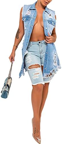 Songling Women's Studden Ripped Ripped sem mangas jeans jeans jeans jean colete cardigan casacos