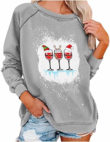 Moletom de Natal para mulheres moda moda branqueada blusa de vinho impressão de vidro solto de manga longa de manga comprida Pullover