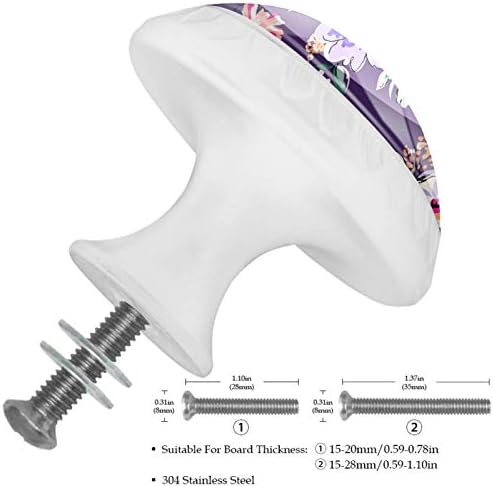 Impressão de flores esboçadas ideais em maçaneta de gaveta roxa puxar puxador de armário de armário com parafusos 4pcs