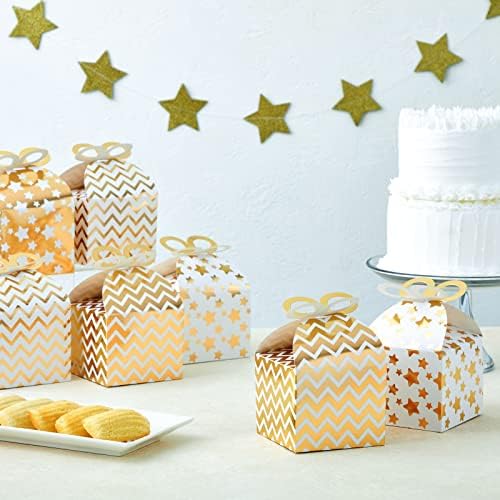 Mini caixas de mini-gabil de 36 caixas para favores de festas, aniversário, casamento, aniversários, namorados, engajamento, caixas de presente de ornamento de papelão douradas, 4 designs de bolinhas