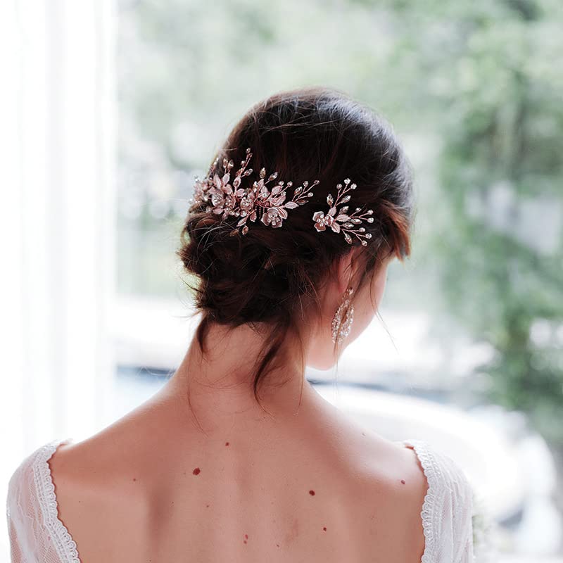 3pcs pente de cabelo de flor de ouro rosa com pinos de cabelo de cabelo pente de cabelo nupcial clipes de cabelo para noivas e damas de honra
