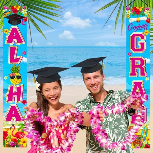 Decorações de graduação havaianas Banner de porta, 71 '' x 12 'Luau Graduation Party Decorações da varanda, suprimentos de festa de formatura havaianos, decorações de bandeira de graduação havaiana para graduação Aloha Tineit