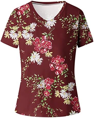 Camiseta floral com estampa floral feminino Tops de verão casual textura solta túnica impressa camiseta moderna de manga curta V blusas de pescoço