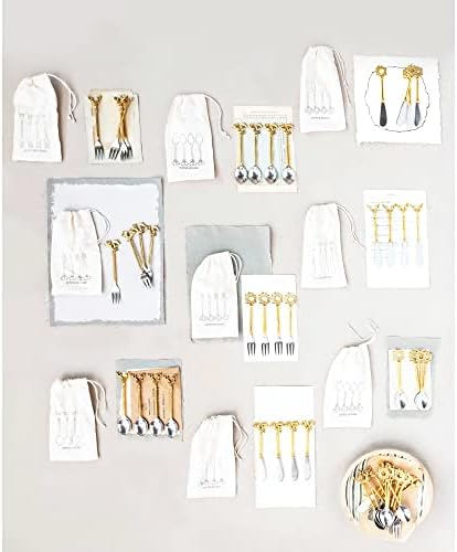 Creative Co-op aço inoxidável e colheres de latão com alças estrelas de acabamento dourado, conjunto de 4 na bolsa de cordão impressa