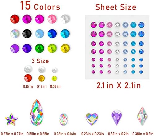 Smallbudi 15 lençóis Face Gemas Jóias grudam no corpo dos olhos, adesivos autônomos adesivos Rainbow Crystal Face Gems Jewels For Decorações