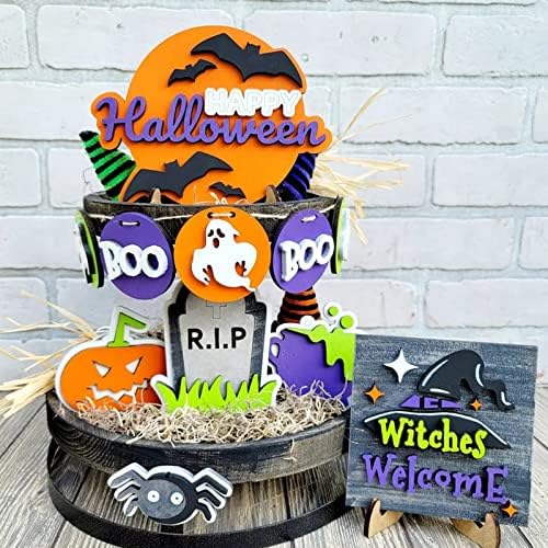 Decoração de Halloween - Boo Happy Halloween Wooden Sinais 7 Peças Pacote de decoração de bandeja em camadas rústicas