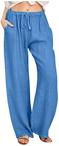 Calças yubnlvae para mulheres algodão e linho de linho de cintura alta cordas elásticas com bolsos calças de ajuste solto de perna larga sólida