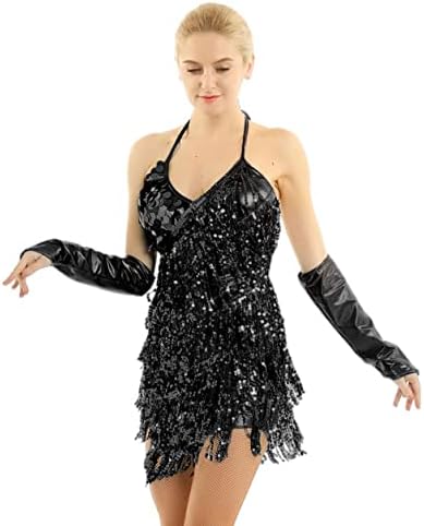 Moggemol feminino lantejoulas brilhantes Tassels Fringe Fringe Dance Dress 1920S Salsa Latin Tango Belly Dancing Costume